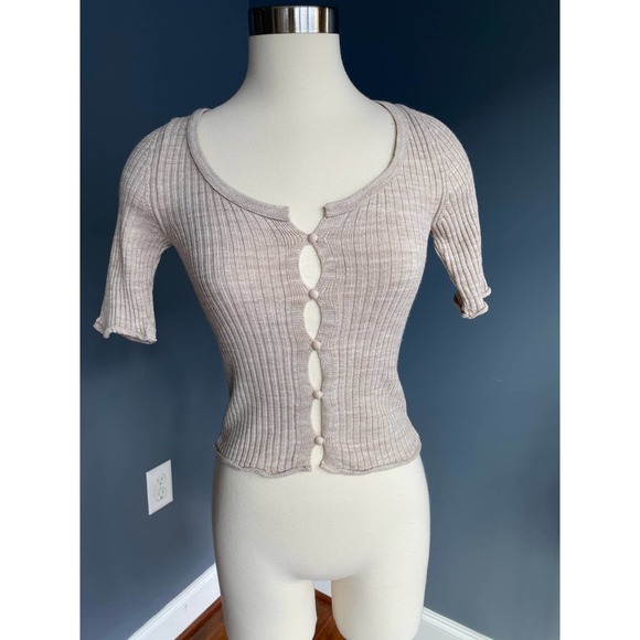 Asos tan dainty knit ribbed button down crop top, size 0/XS - Picture 1 of 8